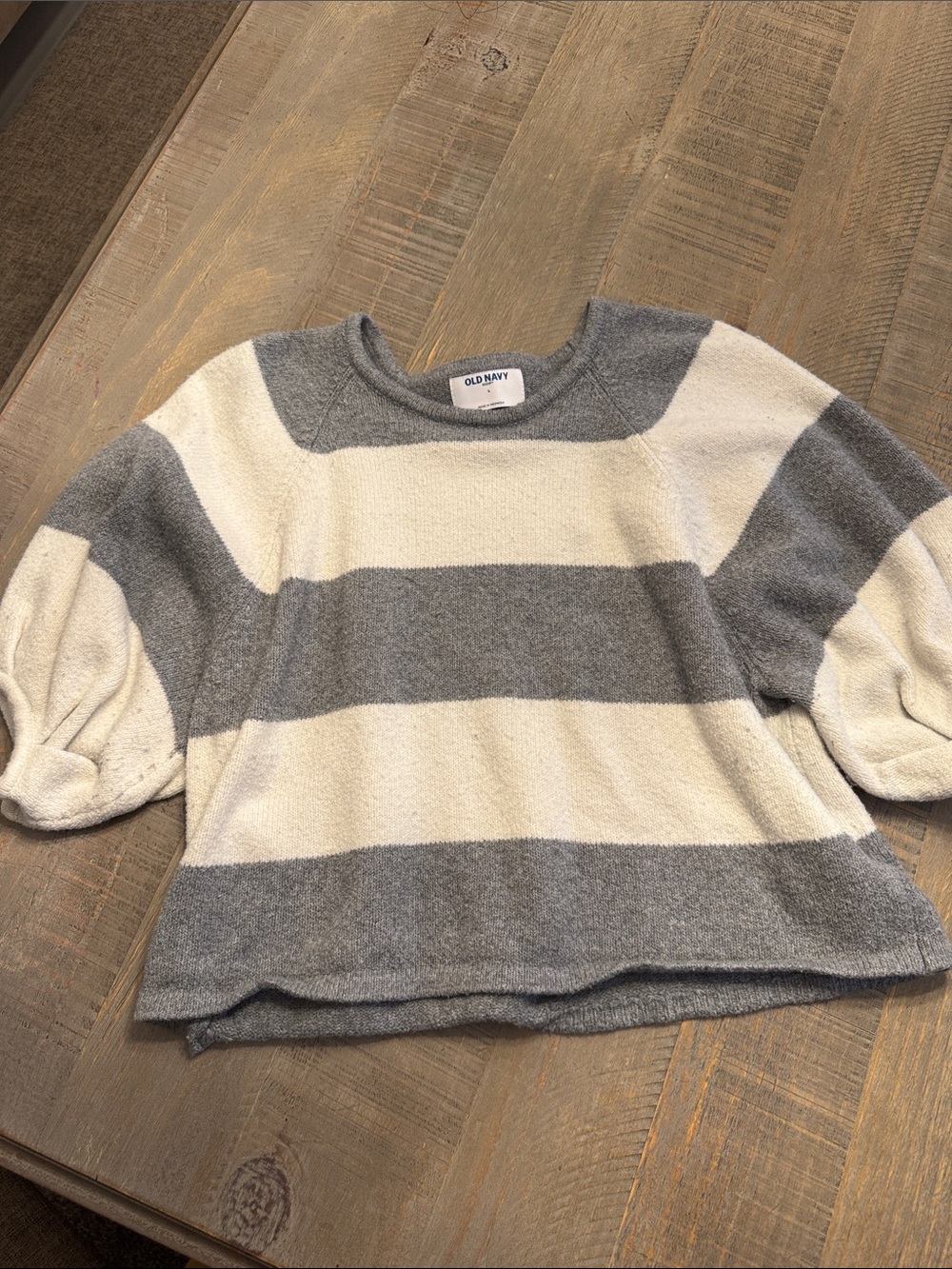 Old Navy Gray and Cream Striped Crewneck Sweater